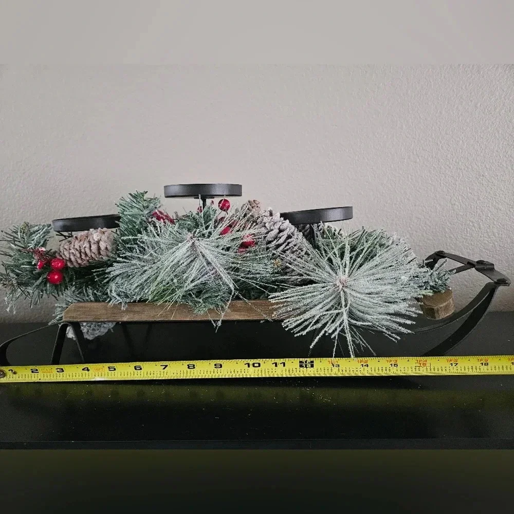 Christmas sleigh‎ frosted pine and red berries candle holder